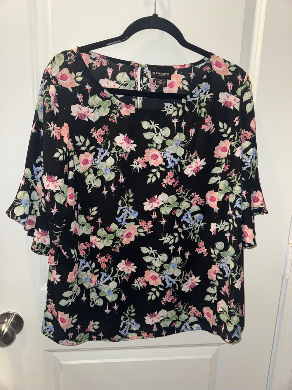 Liz Claiborne Black Floral Flutter-Sleeve Blouse with Pink & Blue Flowers Sz XL